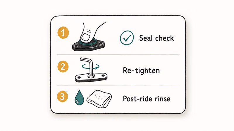 A maintenance card showing adhesive seal check, screw re-tighten, and post-ride rinse steps