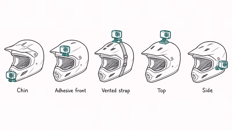 Five helmet sketches showing chin, adhesive front, vented strap, top, and side mount placements