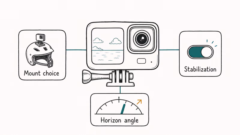 Three factors for stable helmet footage covering mount choice, stabilization, and horizon angle