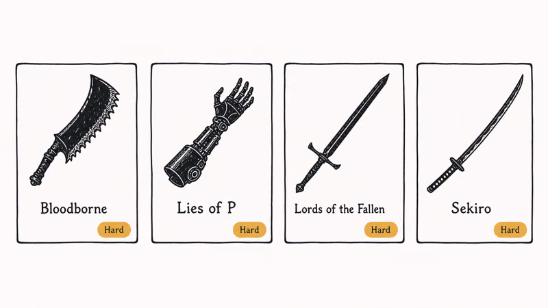 Hand-drawn row of four action gothic game tiles for Bloodborne Lies of P Lords of the Fallen and