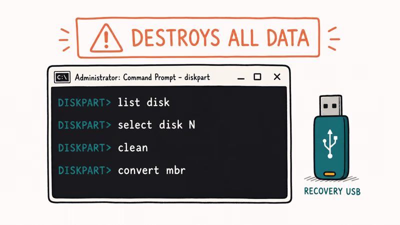Windows diskpart command prompt with four conversion commands and coral warning banner about data destruction
