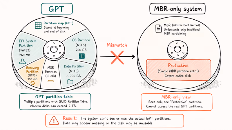 Two disks showing GPT partition table conflicting with legacy MBR system displaying protective coral block