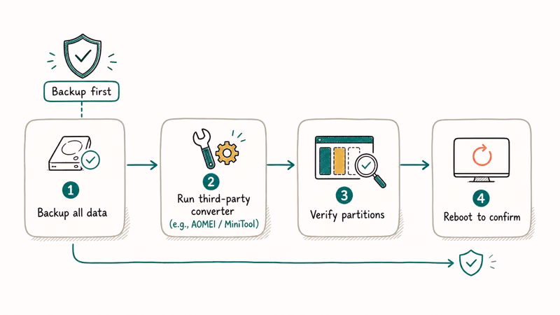 Four-step GPT to MBR conversion flowchart from backup to converter tool to verify and reboot with shield icon