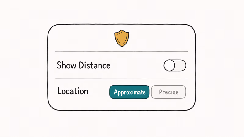 A Grindr settings card showing Show Distance toggled off and location set to approximate
