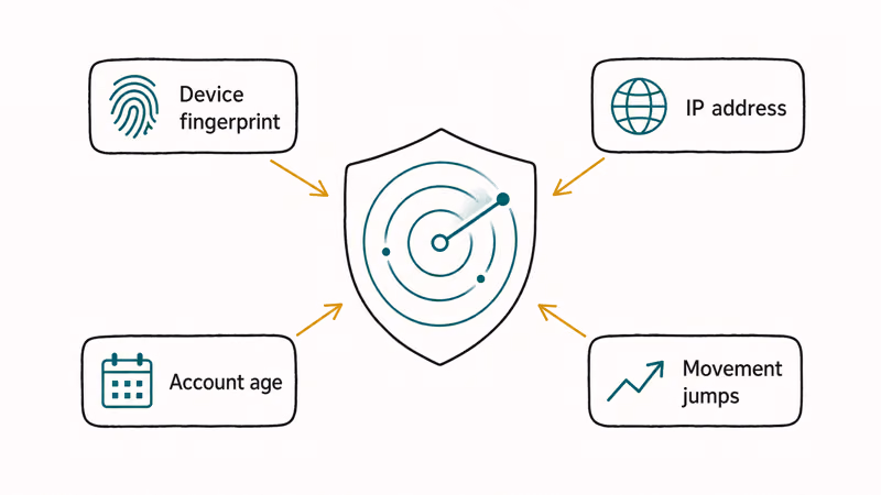 A radar shield checking device fingerprint, IP address, account age, and movement jumps
