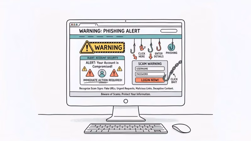 Computer screen showing fake website with warning triangles and phishing hooks