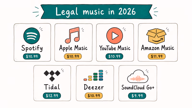 Seven legal music streaming service tiles for Spotify Apple YouTube Amazon Tidal Deezer and SoundCloud Go Plus