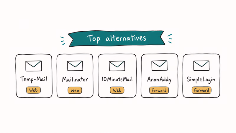 Hand-drawn row of five Guerrilla Mail alternatives Temp-Mail Mailinator 10MinuteMail AnonAddy SimpleLogin