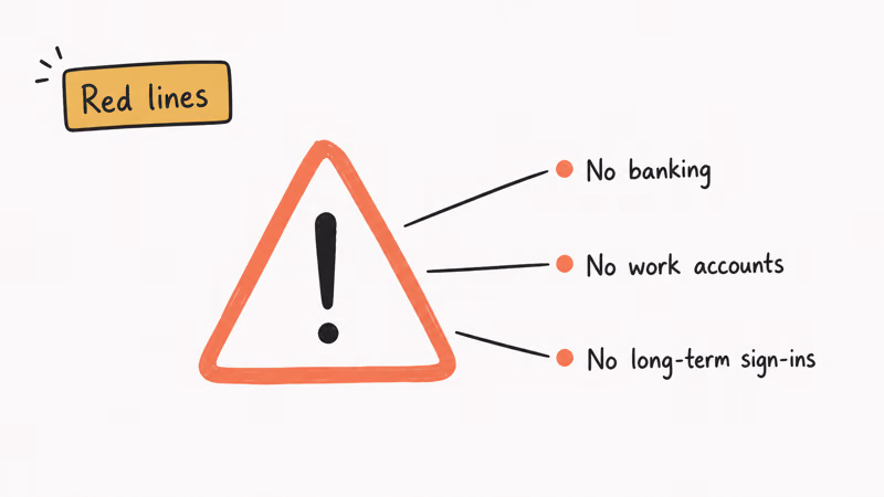 Hand-drawn coral warning triangle showing red-line rules against using disposable email for banking or work