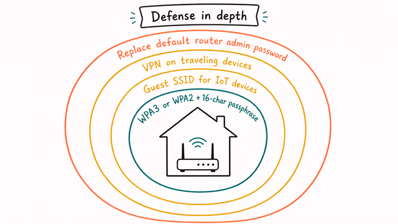 Concentric defense rings for home Wi-Fi covering WPA3 guest network VPN and admin password