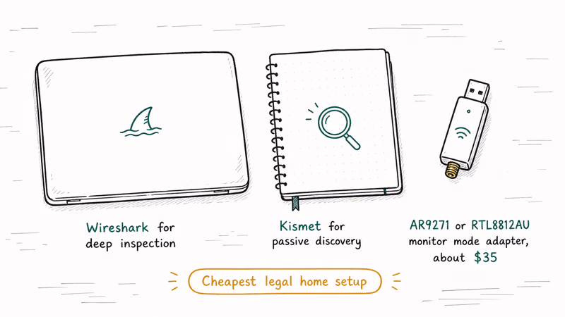 Three item home sniffing toolkit Wireshark laptop Kismet notebook and USB monitor adapter