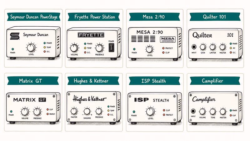 Eight guitar power amp tiles in a 2x4 grid showing front panel sketches and brand names for tested