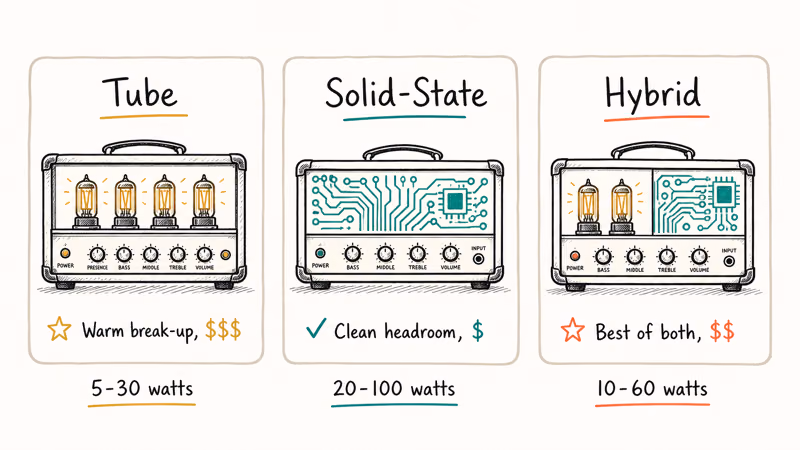 Three power amp topology cards comparing tube solid-state and hybrid with warmth headroom and wattage characteristics