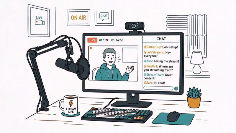Live streaming setup with webcam microphone and chat messages
