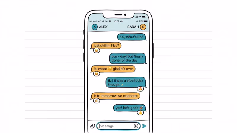 Text message conversation bubbles with reaction emojis and slang