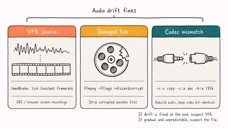 Three column matrix mapping audio sync drift causes to FFmpeg and HandBrake fixes