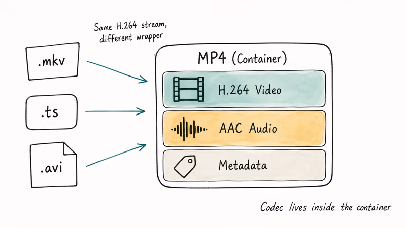 Diagram showing H264 video and AAC audio tracks nested inside an MP4 container box