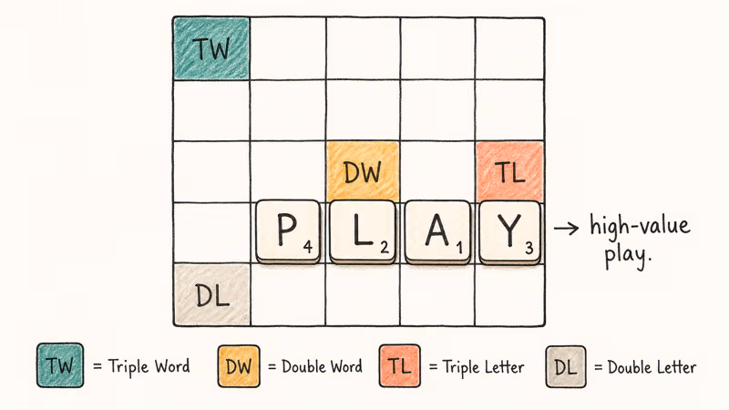 Words with Friends board showing four bonus square types and locations