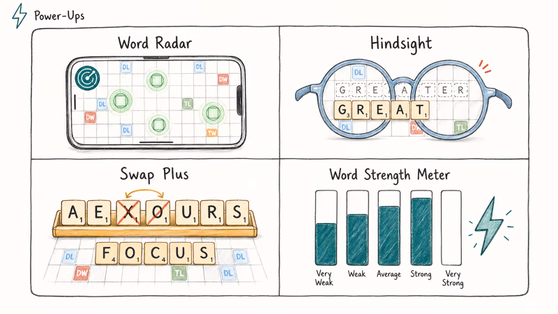 Four Words with Friends power-ups shown side by side with effect icons