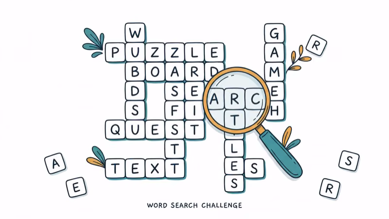 Word game board with letter tiles and magnifying glass searching for words