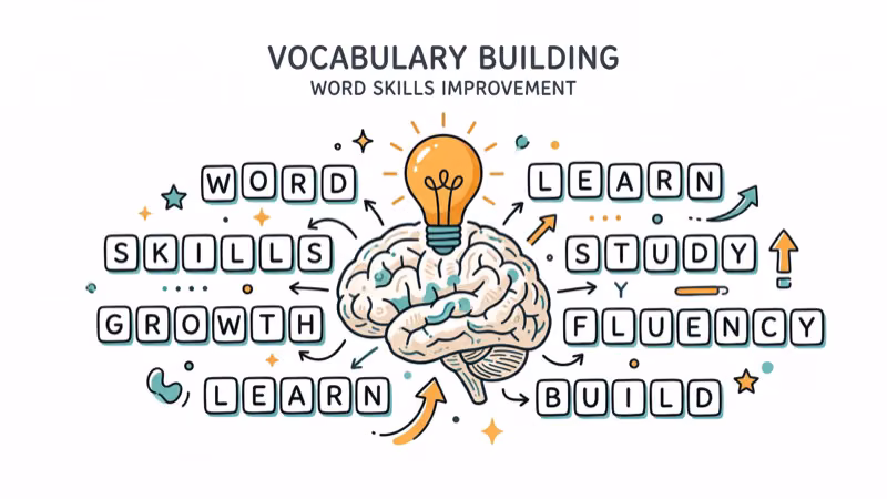 Brain with lightbulb showing vocabulary building with letter tiles