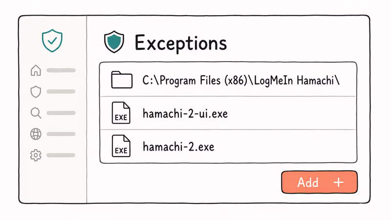 Antivirus exception list panel with hamachi folder path and two executable filenames added as exclusions