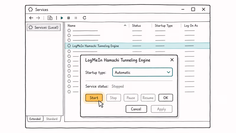 Services console showing Hamachi startup type automatic and start button highlighted