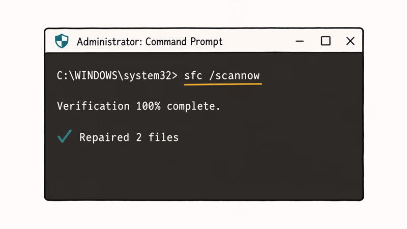 Elevated command prompt running sfc scannow with verification complete and two repaired files shown