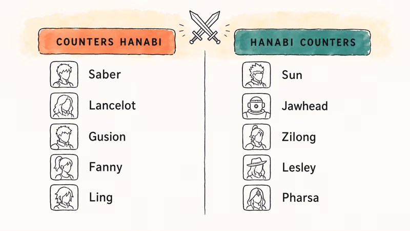 Hand-drawn matchup chart listing five Hanabi counters and five heroes she counters in two columns.