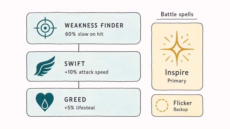 Hand-drawn marksman emblem ladder showing Greed, Swift, and Weakness Finder talents with Inspire battle spell.