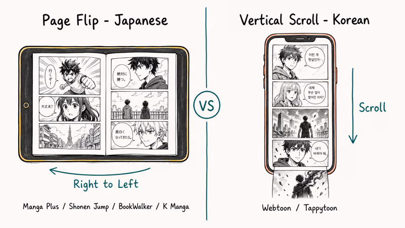 Hand-drawn comparison of tablet page flip reader and phone vertical scroll reader for manga apps