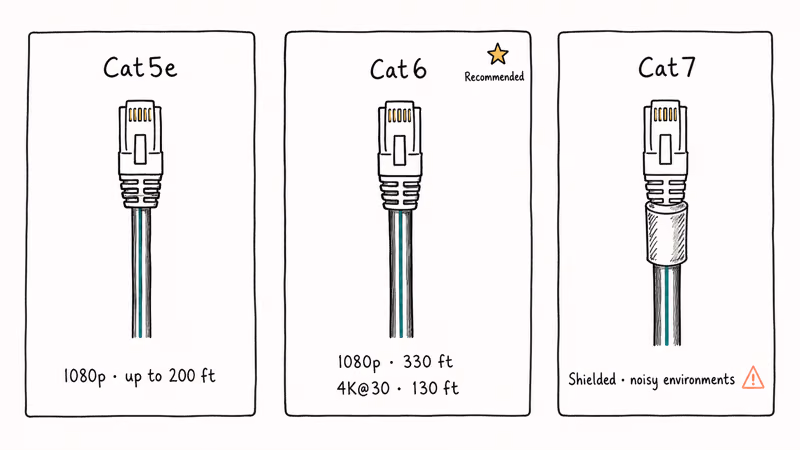 Hand-drawn comparison of Cat5e, Cat6, and Cat7 Ethernet cables with distance and resolution captions