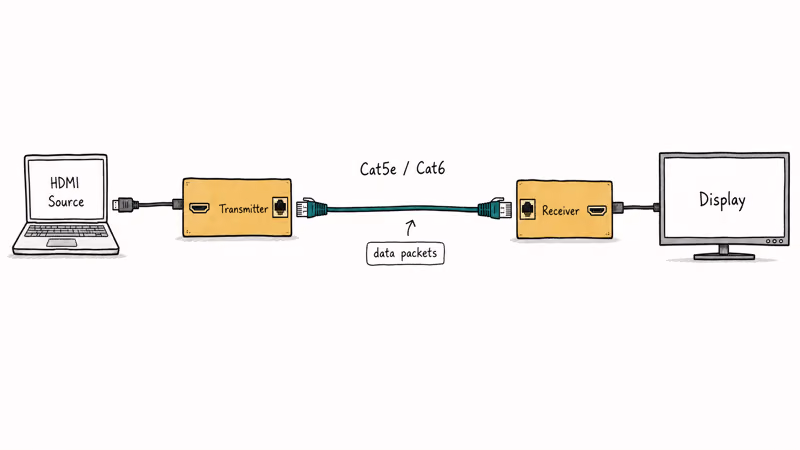 Hand-drawn diagram showing HDMI source, transmitter, Ethernet cable, receiver, and TV display in sequence