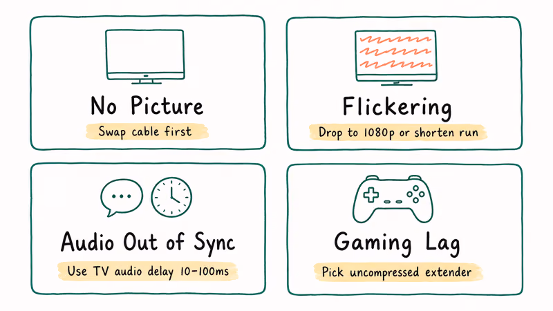 Hand-drawn troubleshooting grid covering no picture, flickering, audio sync, and gaming latency fixes