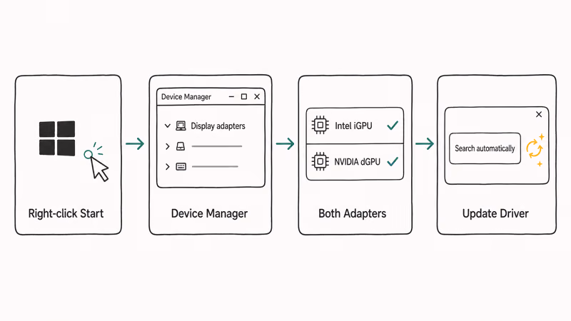 Hand-drawn four-step Windows Device Manager flow for updating Intel and NVIDIA graphics drivers