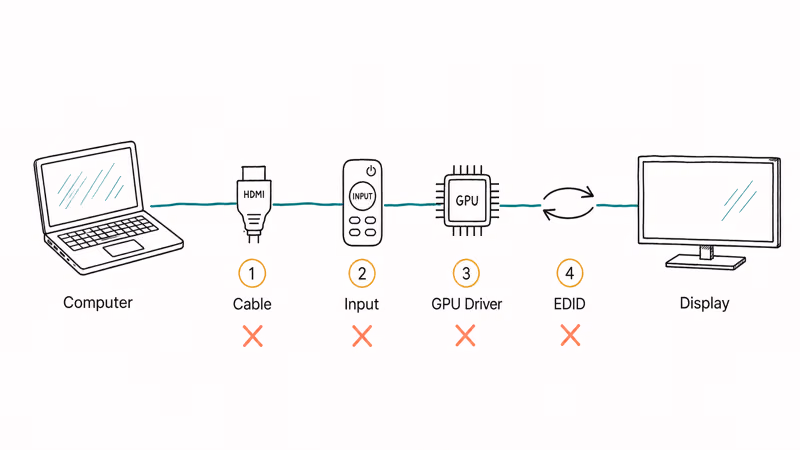 Hand-drawn diagram showing four HDMI signal failure points between laptop and television display
