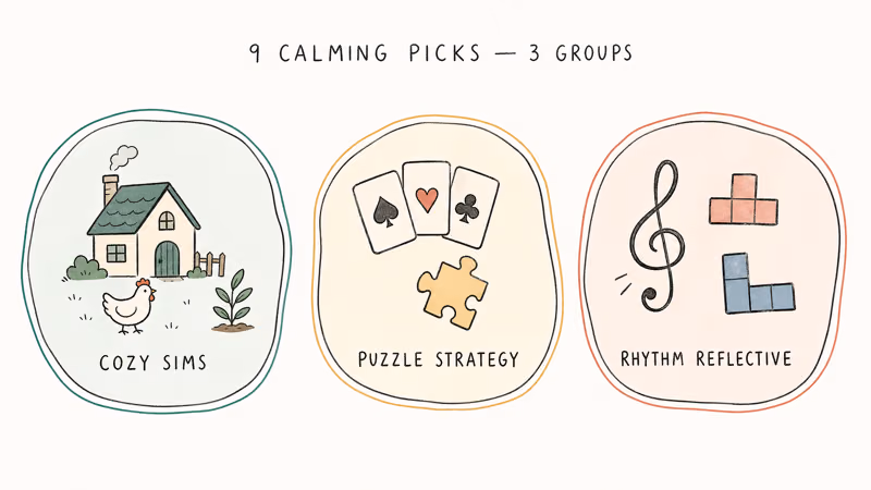 Hand-drawn cluster bubbles grouping cozy sim puzzle strategy and rhythm reflective calming game categories