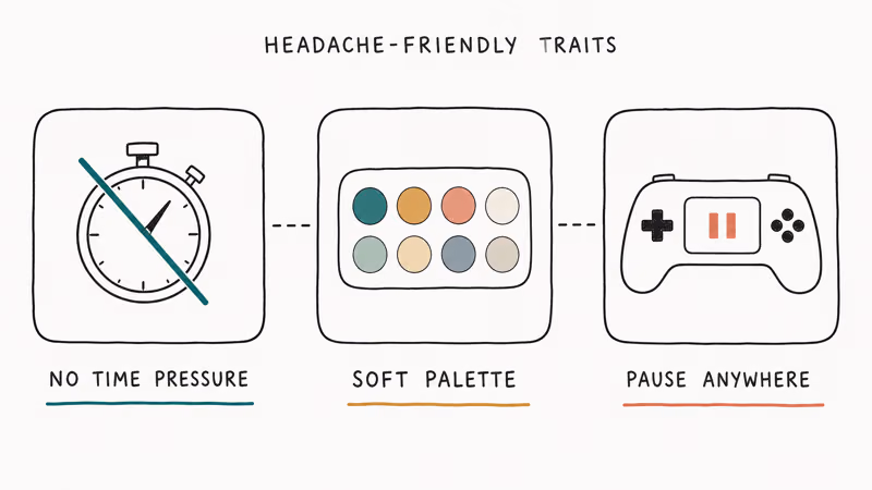 Hand-drawn icons showing no time pressure soft palette and pause anywhere headache friendly game traits