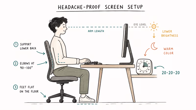 Side view hand-drawn desk showing arm length distance eye level brightness warm color and timer