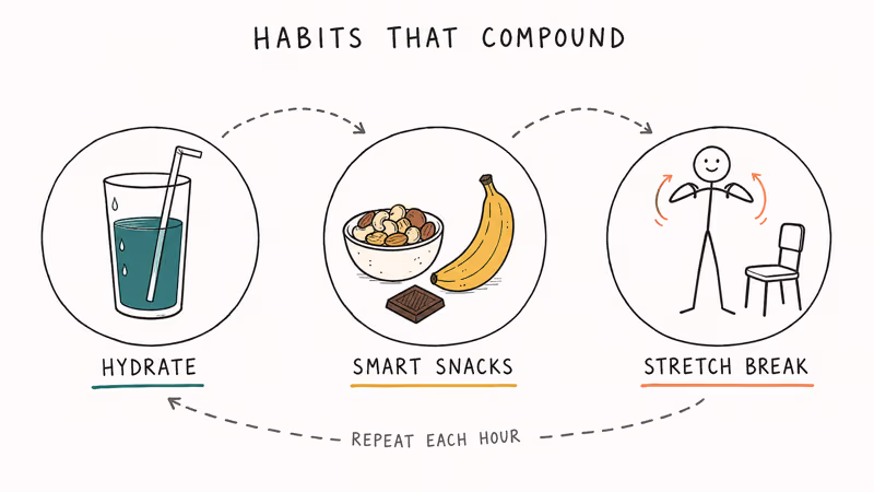 Hand-drawn loop showing water glass nuts banana and stretching figure as compounding gaming break habits