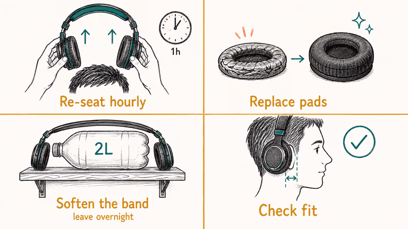 Four-panel desk scene illustrating headphone reseat, pad swap, band stretch, and fit habits.