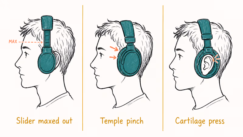 Three head profiles showing slider limit, temple pinch, and ear cartilage pressure.