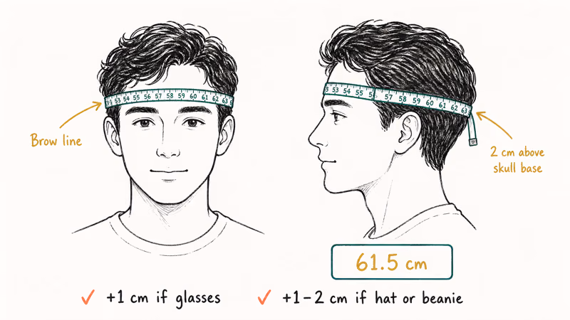 Front and side head views with soft tape measure and circumference reading marked.