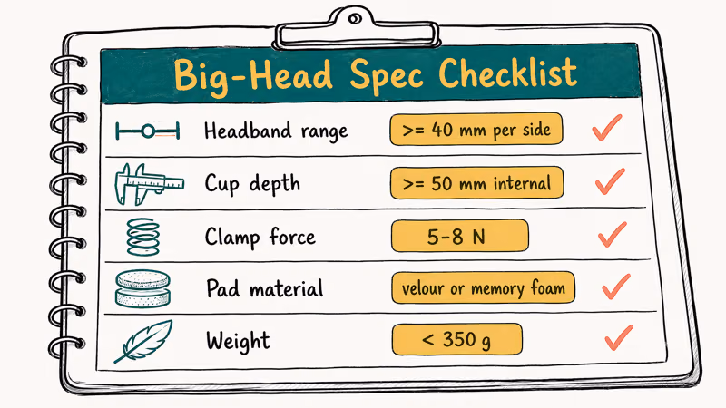 Notebook checklist of five headphone specs with target ranges and small icons.