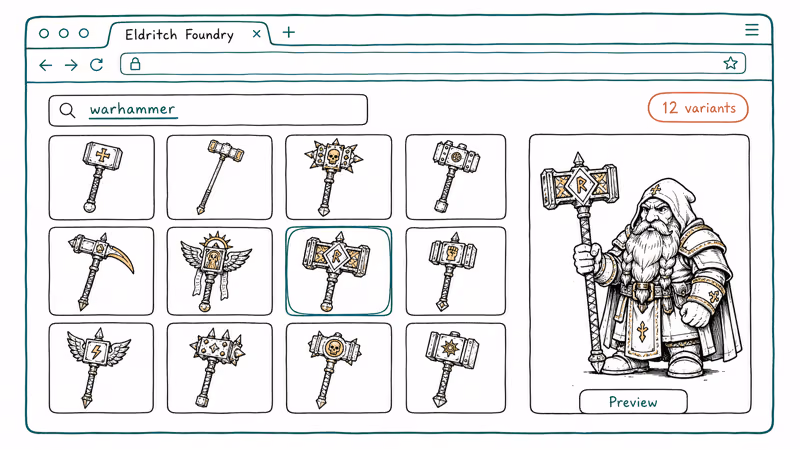 Eldritch Foundry browser part filter returning twelve warhammer variants for a dwarf cleric preview.