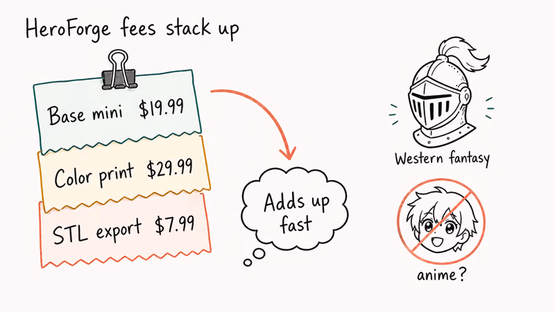 Stack of HeroForge price tags showing base, color, and STL export fees adding up fast.