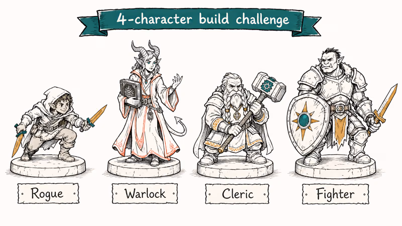 Hand-drawn tabletop test party of halfling rogue, tiefling warlock, dwarf cleric, and half-orc fighter.