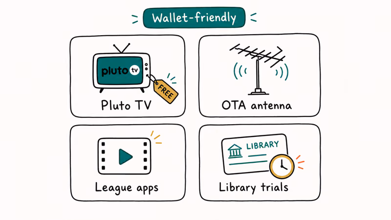 Hand-drawn grid of four budget legal sports options including Pluto TV antenna league apps and trial windows