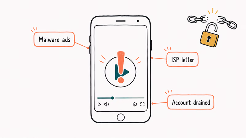 Hand-drawn smartphone with three coral risk tags warning about malware ISP letters and account theft