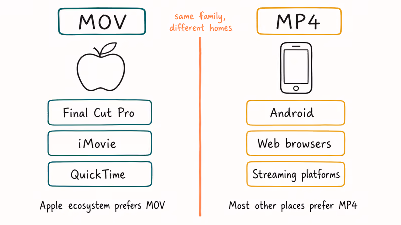Split diagram showing MOV for Apple apps and MP4 for web platforms